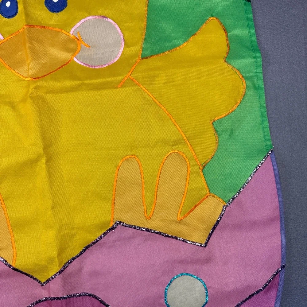 Vtg Happy Easter Chick Chicken Egg Colorful Outdoor Nylon Flag w Metallic Accent